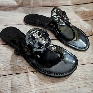 Tori Burch black patent leather emblem sandal